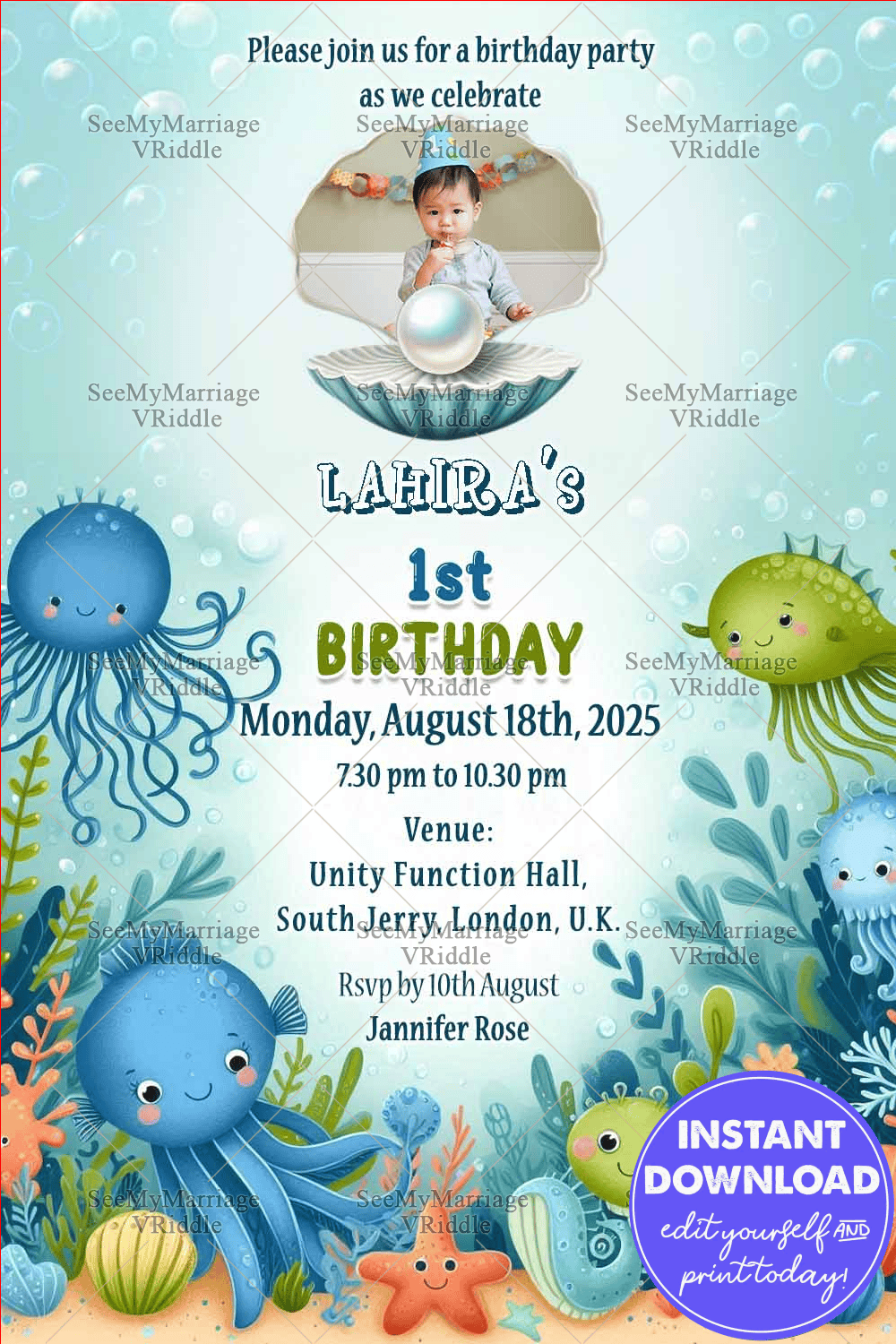 Under the Sea, Celebrate Our Baby Girl’s First Birthday Invitation with Ocean-Theme Background