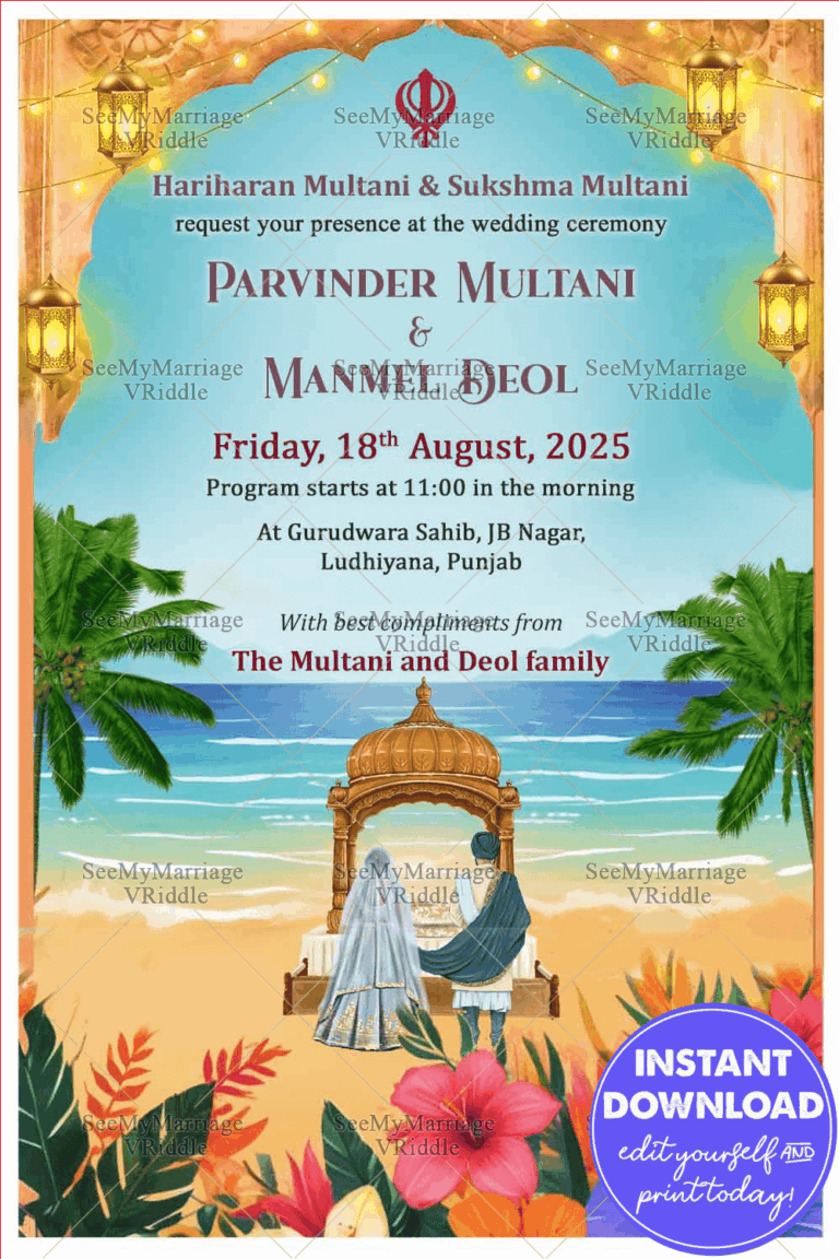Vibrant Beach-Themed Punjabi Wedding Invitation with Golden Lanterns and Picturesque Background
