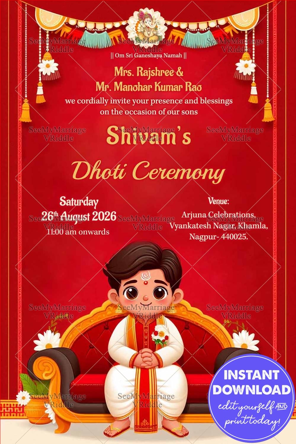 Vibrant Dhoti Ceremony Invitation, A Celebration of Tradition and Joy with Red Theme Background