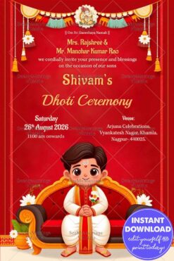 Vibrant Dhoti Ceremony Invitation, A Celebration of Tradition and Joy with Red Theme Background