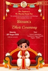 Vibrant Dhoti Ceremony Invitation, A Celebration of Tradition and Joy with Red Theme Background