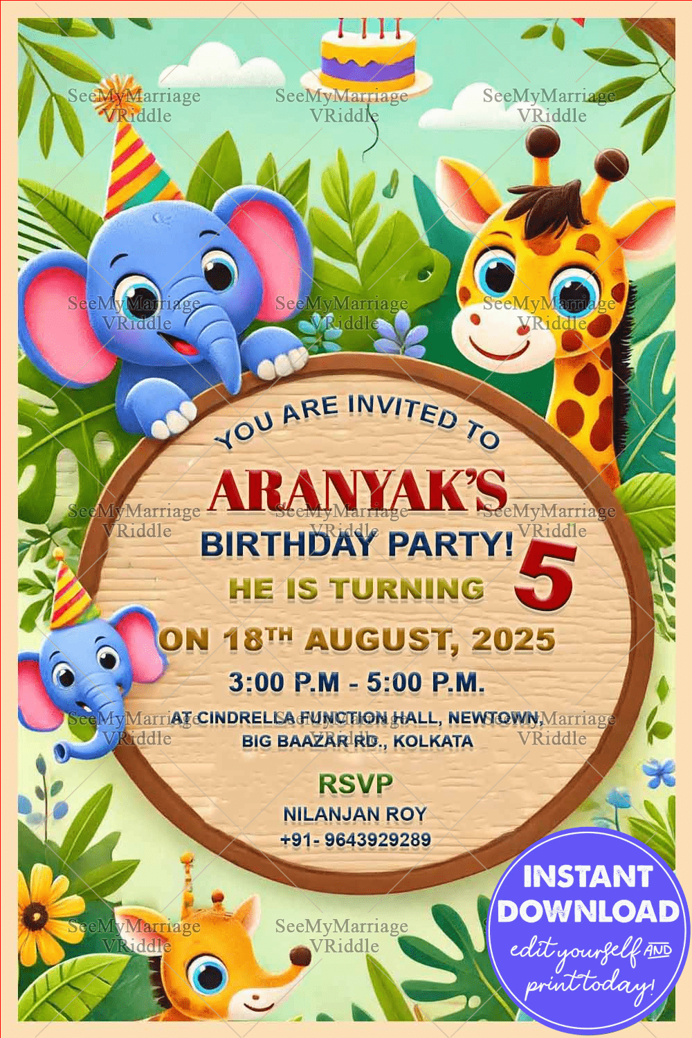 Vibrant Elephant Giraffe Jungle Themed Birthday Party Invitation with Lush Greenery Background