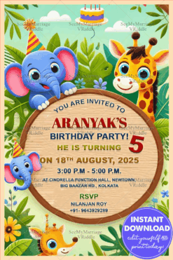 Vibrant Elephant Giraffe Jungle Themed Birthday Party Invitation with Lush Greenery Background