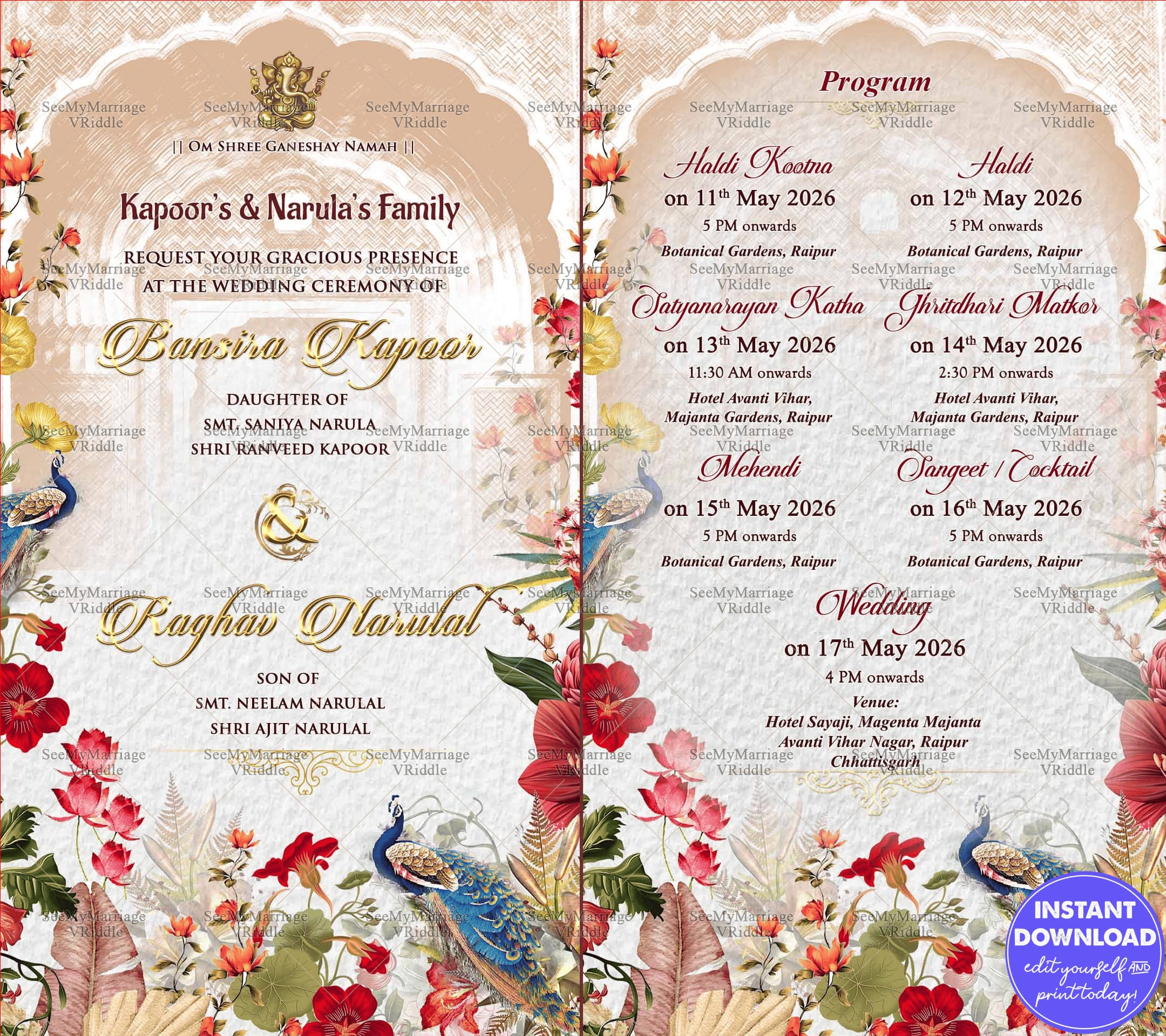 Vibrant Floral Themed Hindu Wedding Invitation suite with Haldi Kootna Haldi Satyanarayan Katha Jhritdhari Matkor Mehendi Sangeet Cocktail and Wedding included