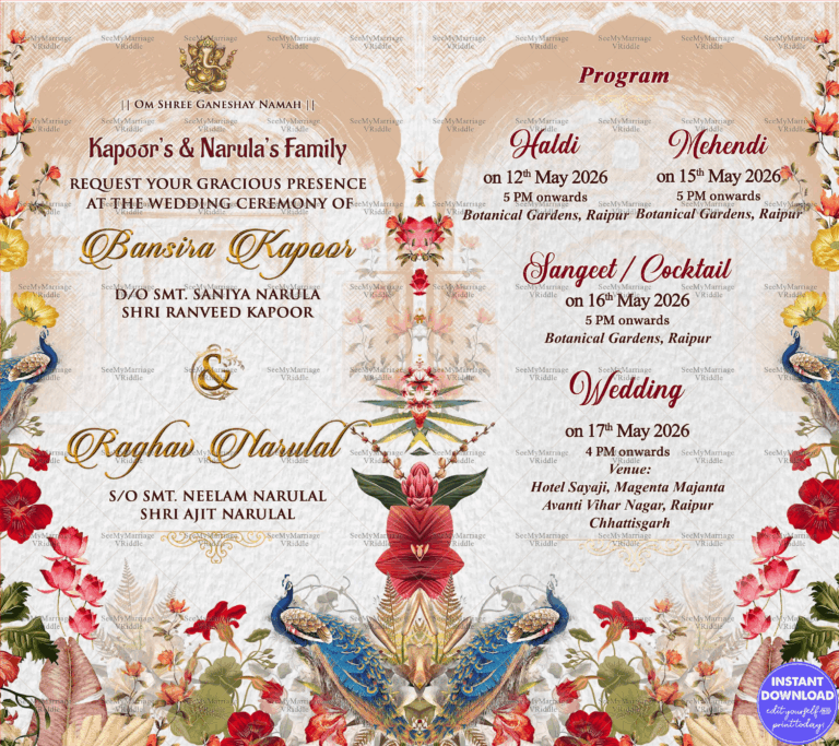 Vibrant Floral Themed Hindu Wedding Invitation suite with Haldi Kootna, Haldi, Satyanarayan Katha, Jhritdhari Matkor, Mehendi, Sangeet/Cocktail and Wedding included