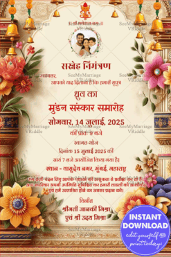 Vibrant Hindi Mundan Ceremony Invitation Card with Floral Theme and Add Photo Background