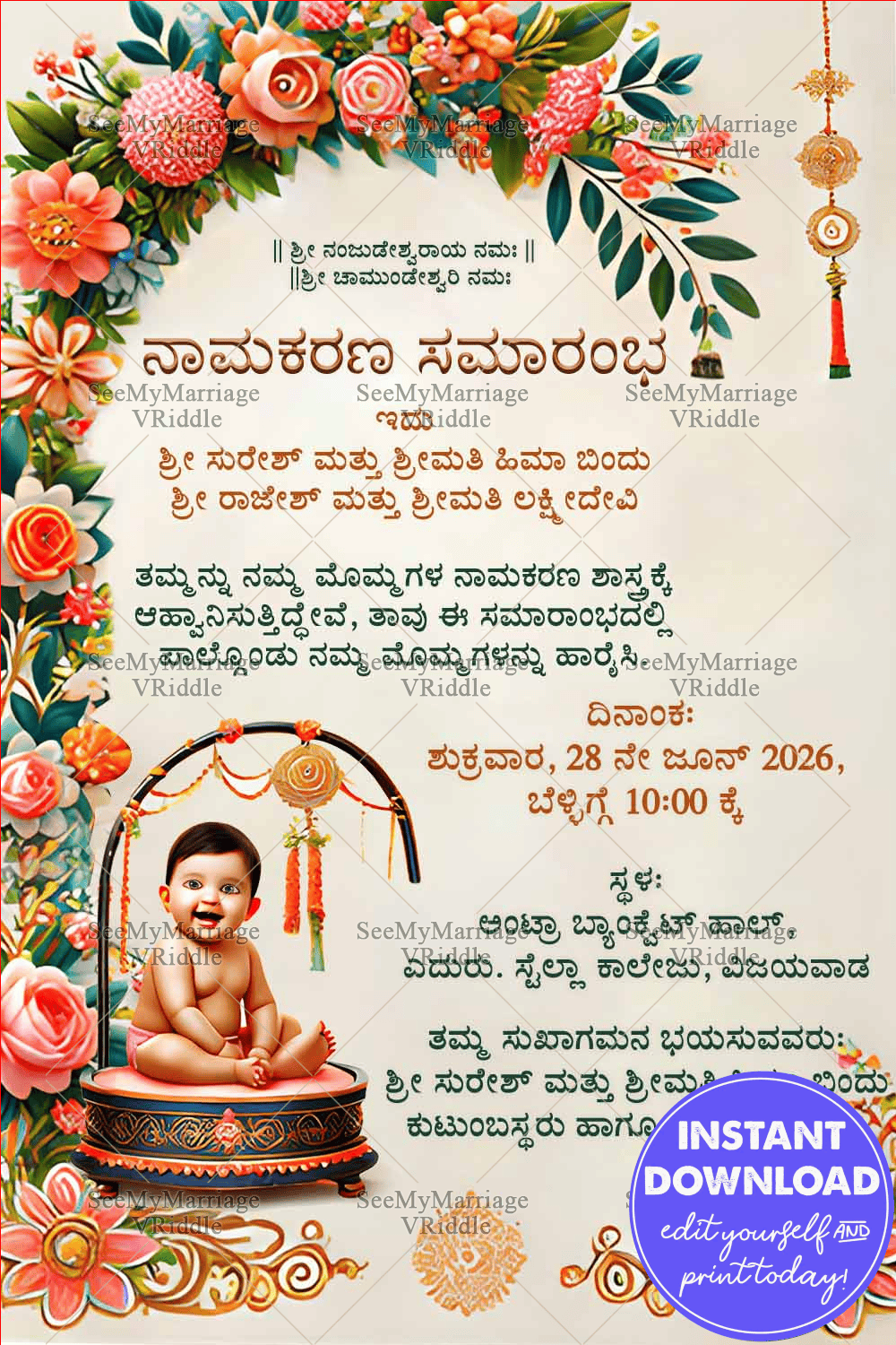 Vibrant Kannada Naming Ceremony Invitation with Floral Motifs Theme Background