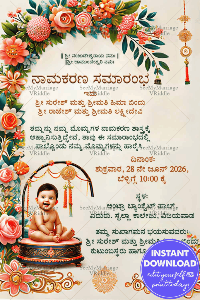 Vibrant Kannada Naming Ceremony Invitation with Floral Motifs Theme Background
