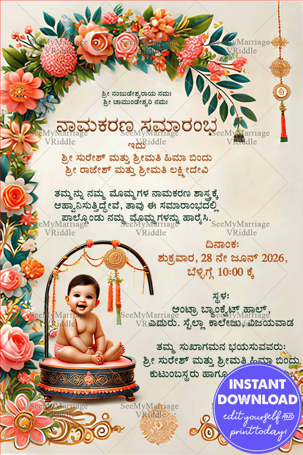 Vibrant Kannada Naming Ceremony Invitation with Floral Motifs Theme Background