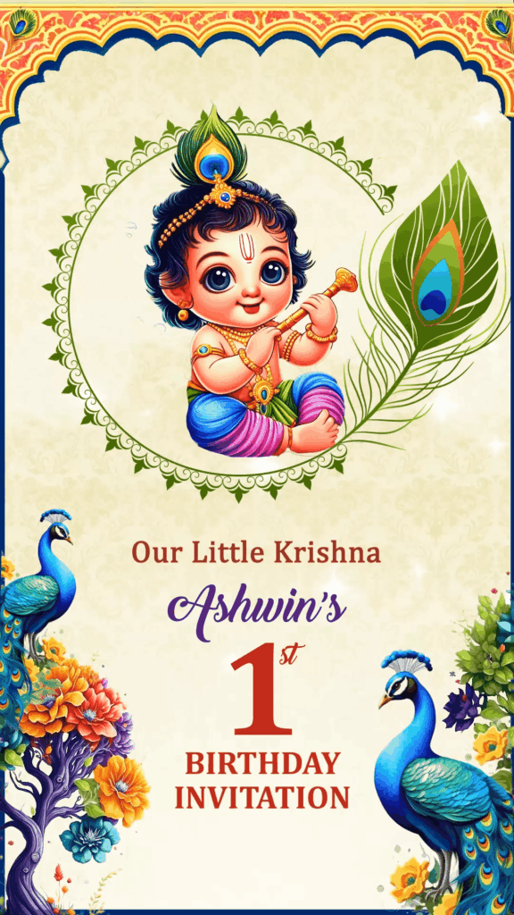 Vibrant Little Krishna-Themed Birthday Invitation Video with Peacock Design and Add Photo Background