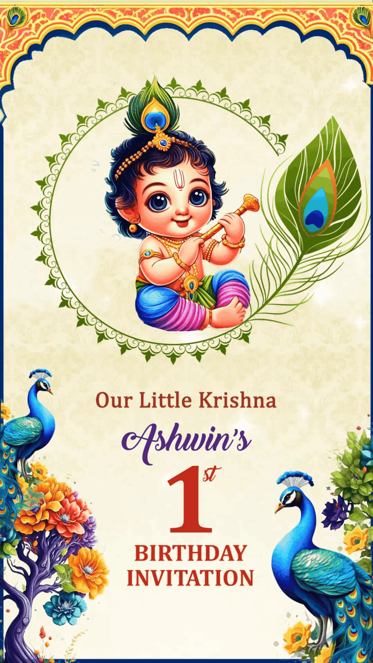 Vibrant Little Krishna-Themed Birthday Invitation Video with Peacock Design and Add Photo Background