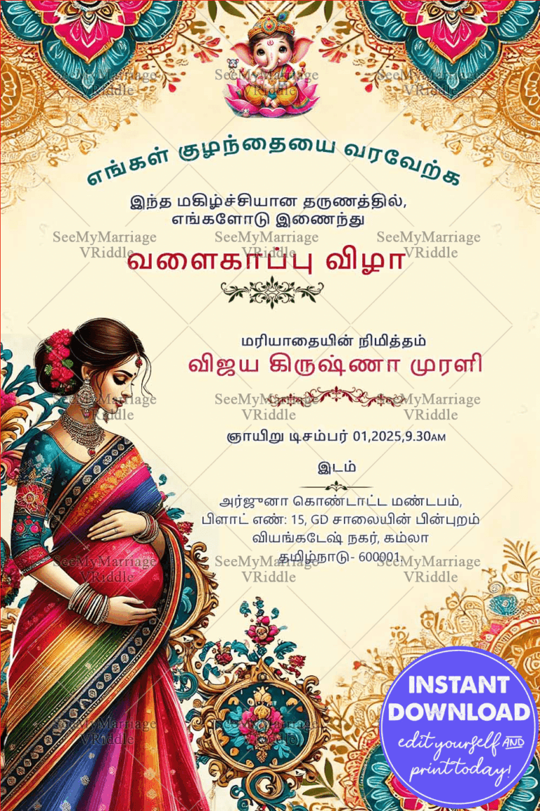 Vibrant Tamil Valaikappu Ceremony Invitation with Floral and Paisley Patterns Theme Background