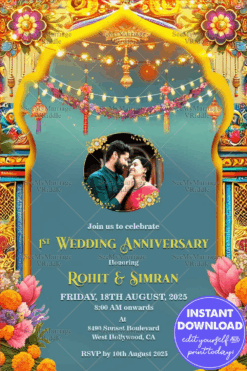 Vibrant Wedding Anniversary Invitation with Floral Patterns and Add Photo Background