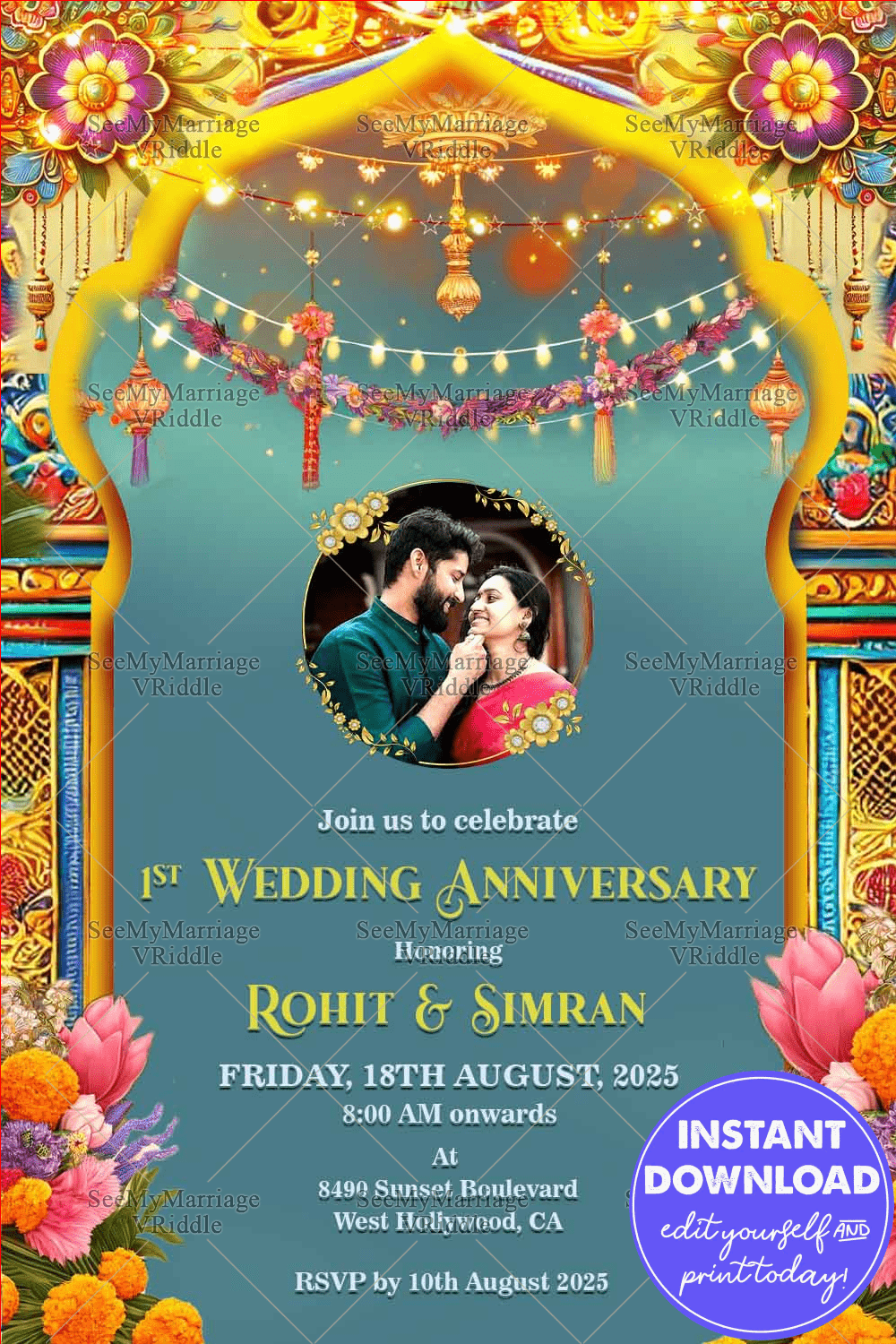 Vibrant Wedding Anniversary Invitation with Floral Patterns and Add Photo Background