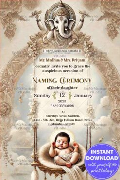 Vintage-Themed Hindu Naming Ceremony Invitation with Floral Motifs Background