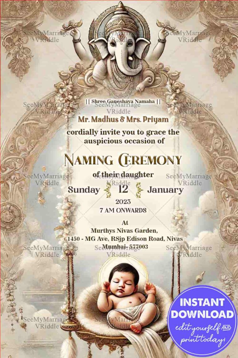 Vintage-Themed Hindu Naming Ceremony Invitation with Floral Motifs Background