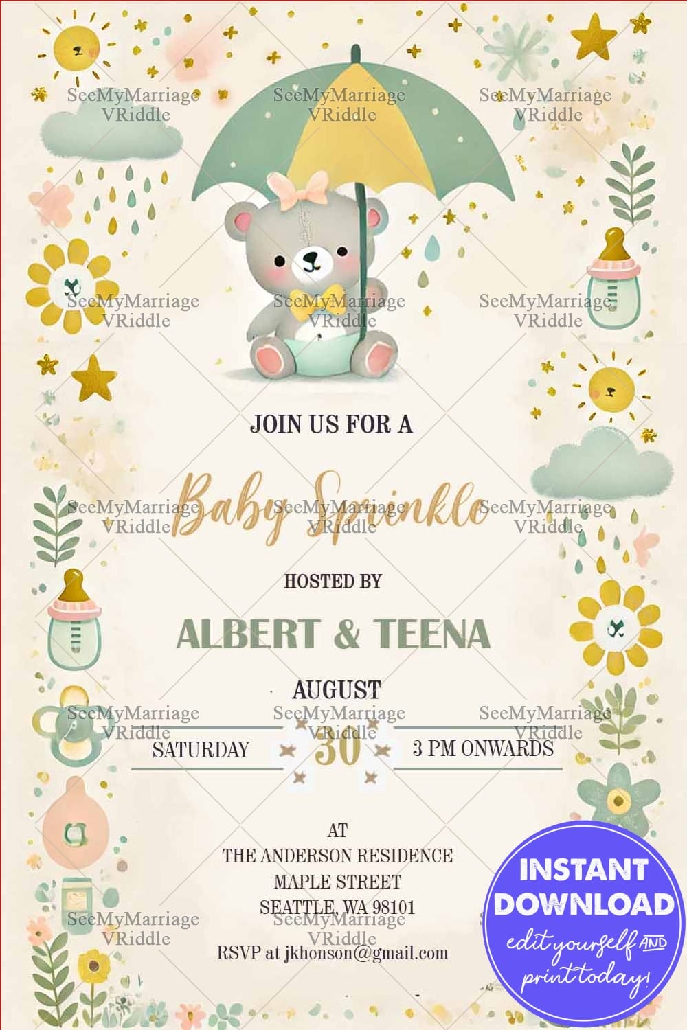 Whimsical Pastel Baby Sprinkle Invitation with Teddy Bear Theme Background