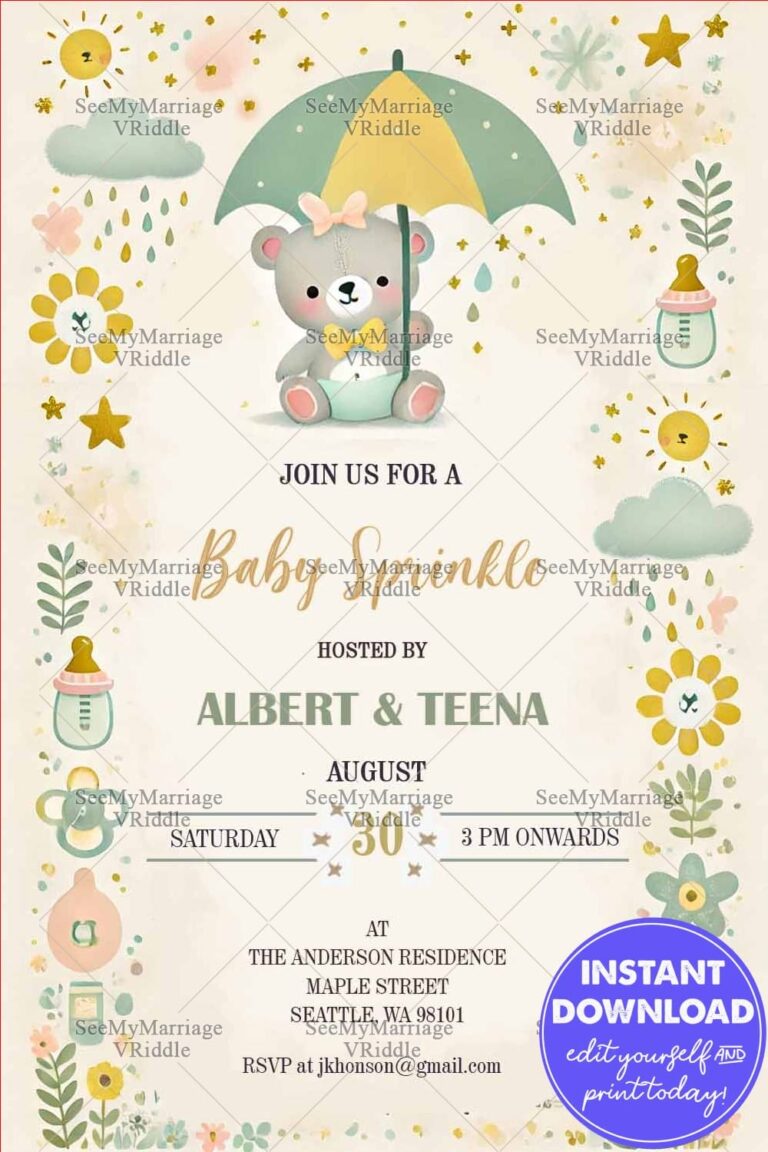 Whimsical Pastel Baby Sprinkle Invitation with Teddy Bear Theme Background