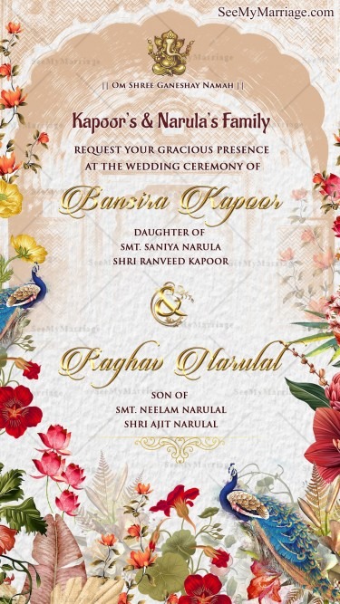 Vibrant Floral Themed Hindu Wedding Invitation suite with Haldi Kootna, Haldi, Satyanarayan Katha, Jhritdhari Matkor, Mehendi, Sangeet/Cocktail and Wedding included