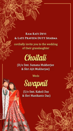 Elegant Red Kankotri Wedding Invitation with Floral Accents with add photos and couple caricature