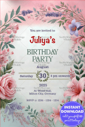 A Floral Birthday Party Invitation Card with Soft Pastel and Pink Theme Background