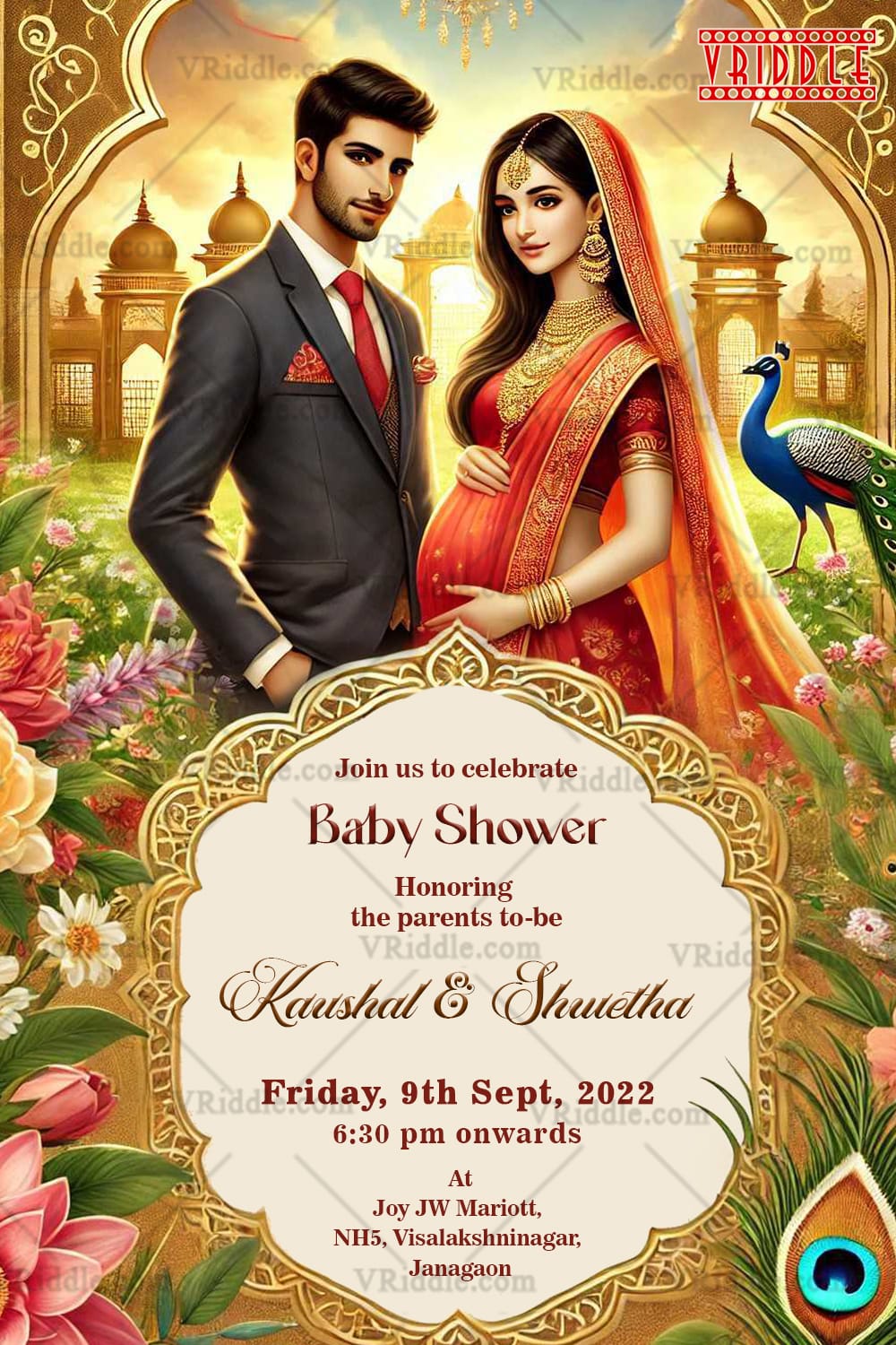 A Regal Baby Shower Invitation with Peacock Theme and Golden Color Background