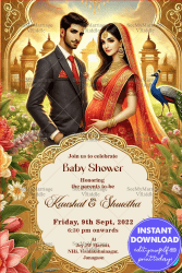 A Regal Baby Shower Invitation with Peacock Theme and Golden Color Background