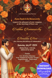 Auspicious Telugu Wedding Invitation with Golden Fonts Theme and Floral Motifs Background