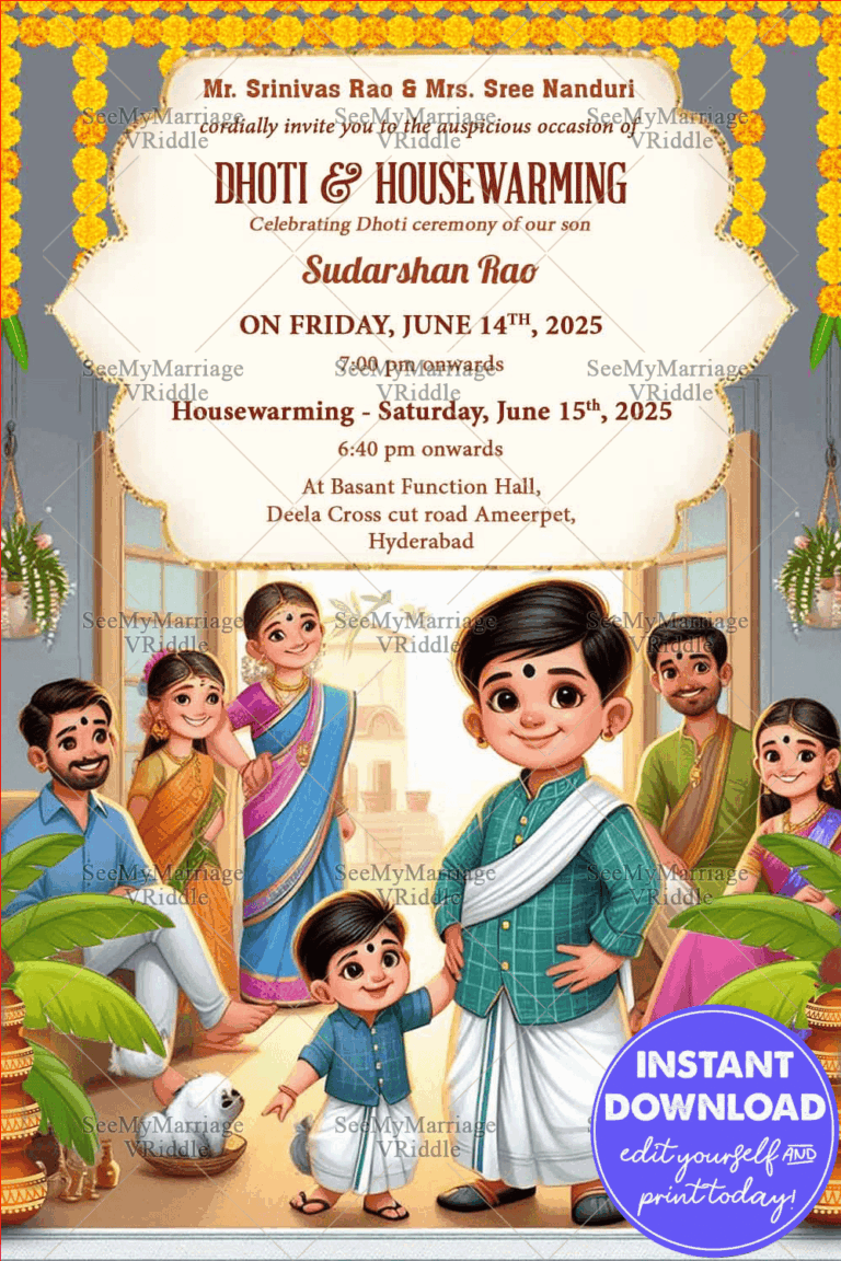 Beautiful Dhoti and Housewarming Invitation Card with Family Cartoon and Marigold Decor Background
