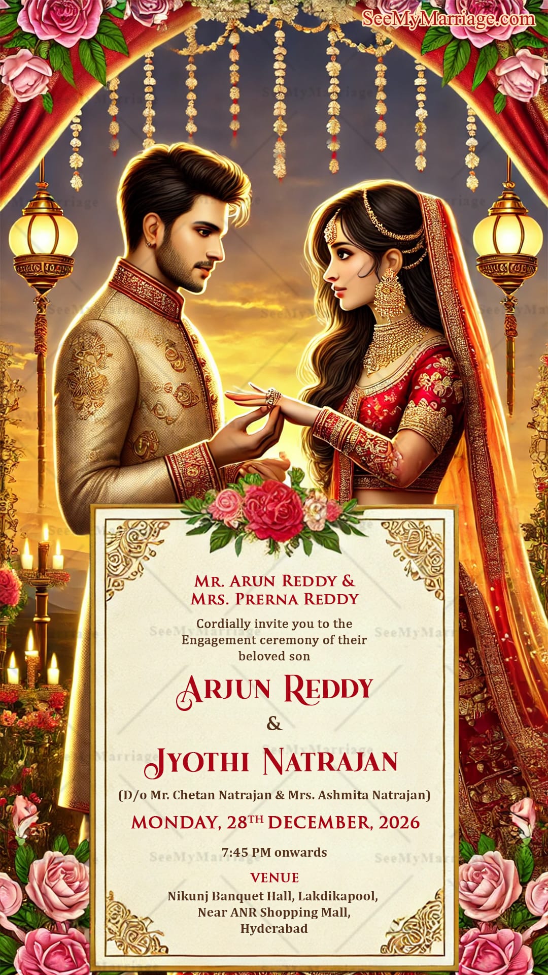 Beautiful Floral Arch Engagement Invitation with Sunset Theme Background