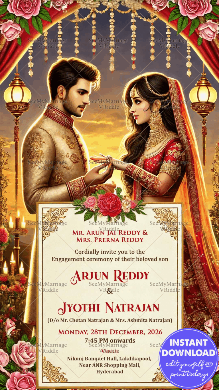 Beautiful Floral Arch Engagement Invitation with Sunset Theme Background
