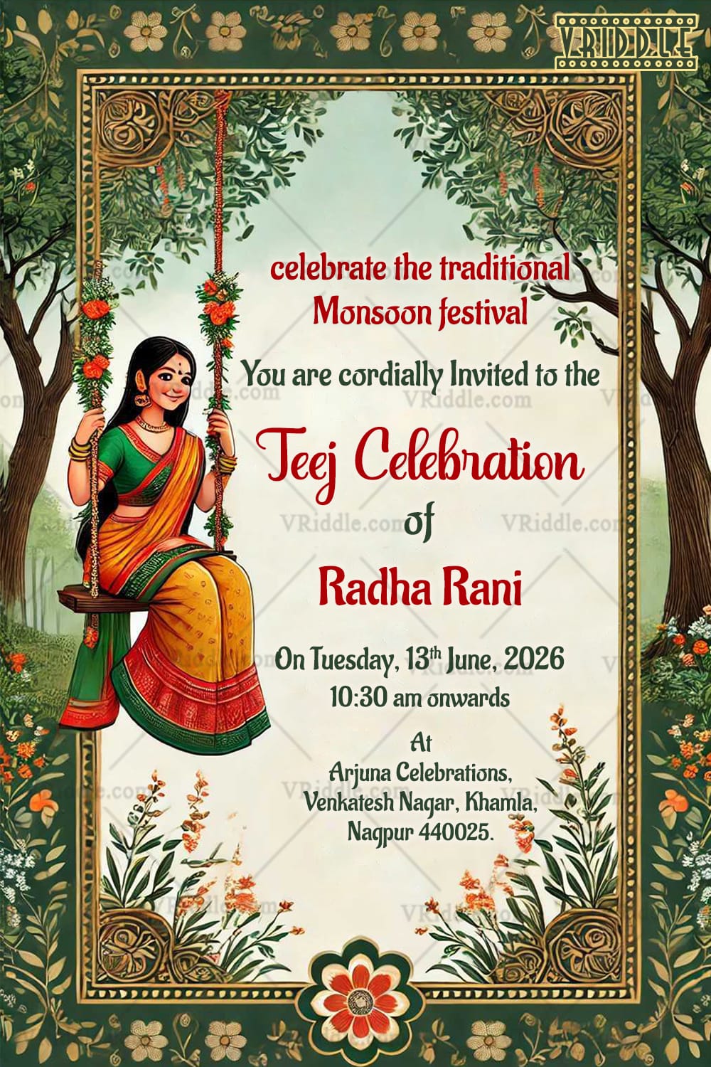 Beautiful Teej Celebration Invitation Card with Nature Theme and Floral Swing Background