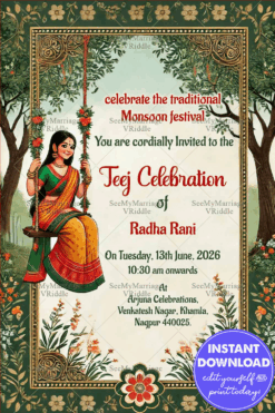 Beautiful Teej Celebration Invitation Card with Nature Theme and Floral Swing Background