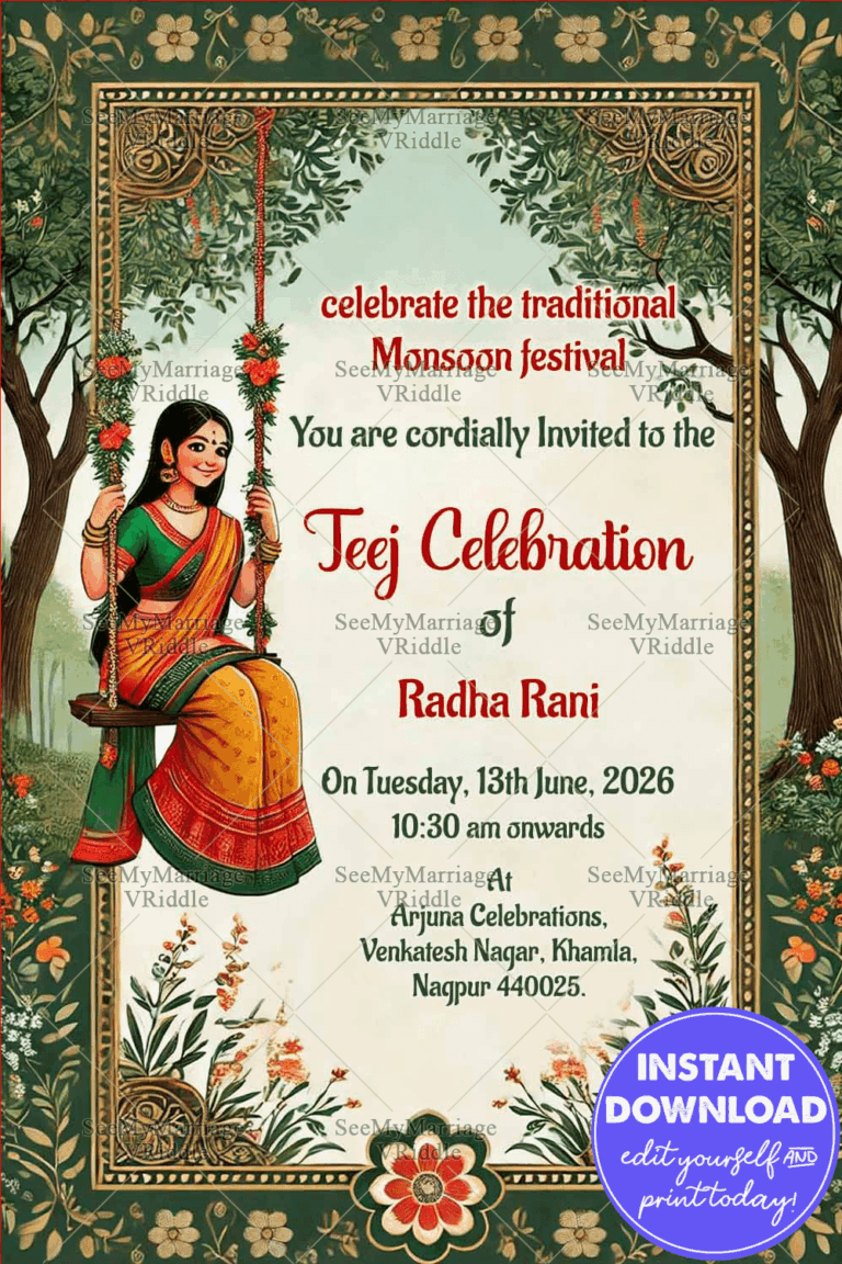 Beautiful Teej Celebration Invitation Card with Nature Theme and Floral Swing Background