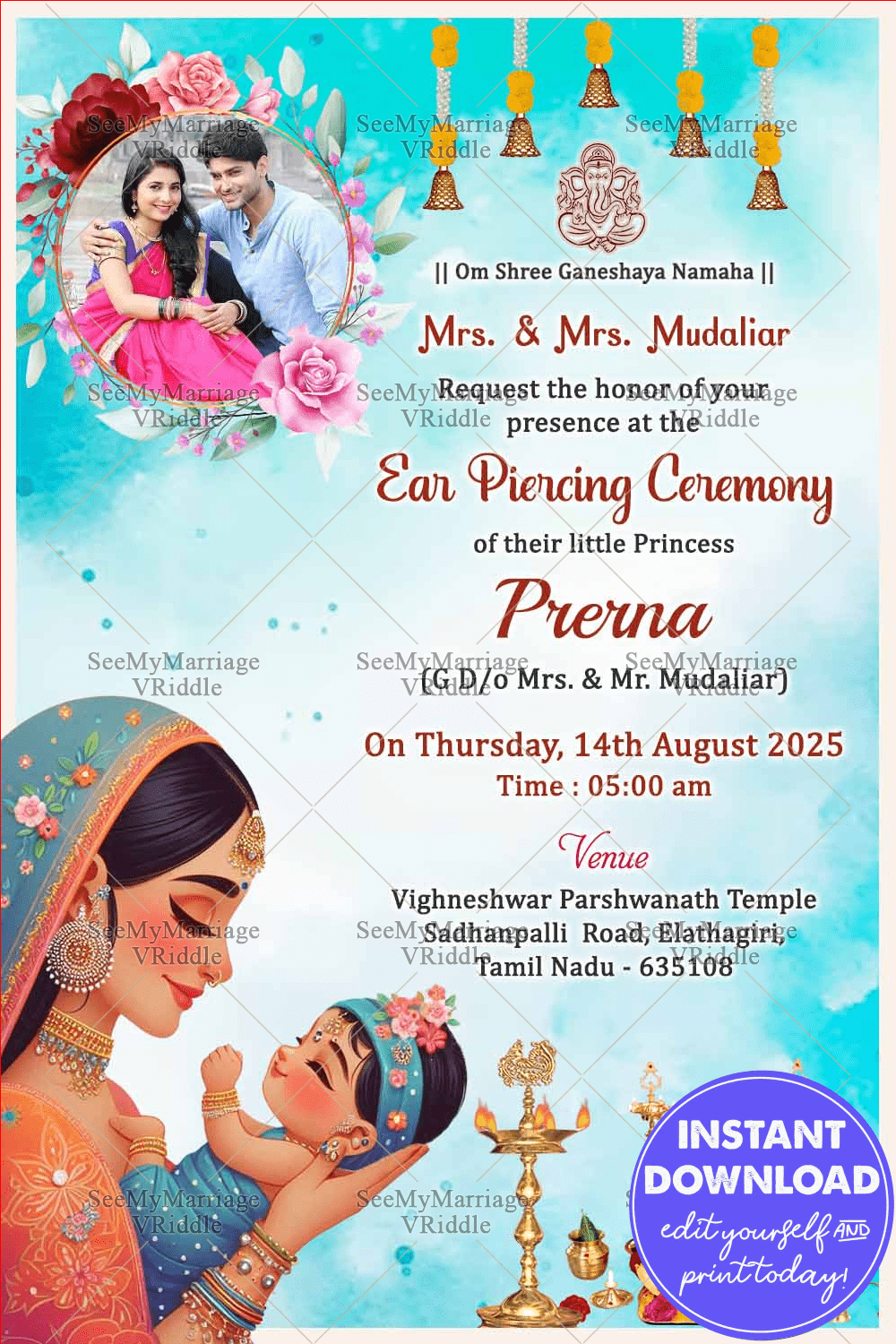 Blue Theme Ear Piercing Ceremony Invitation with Floral Decor and Add Photo Background
