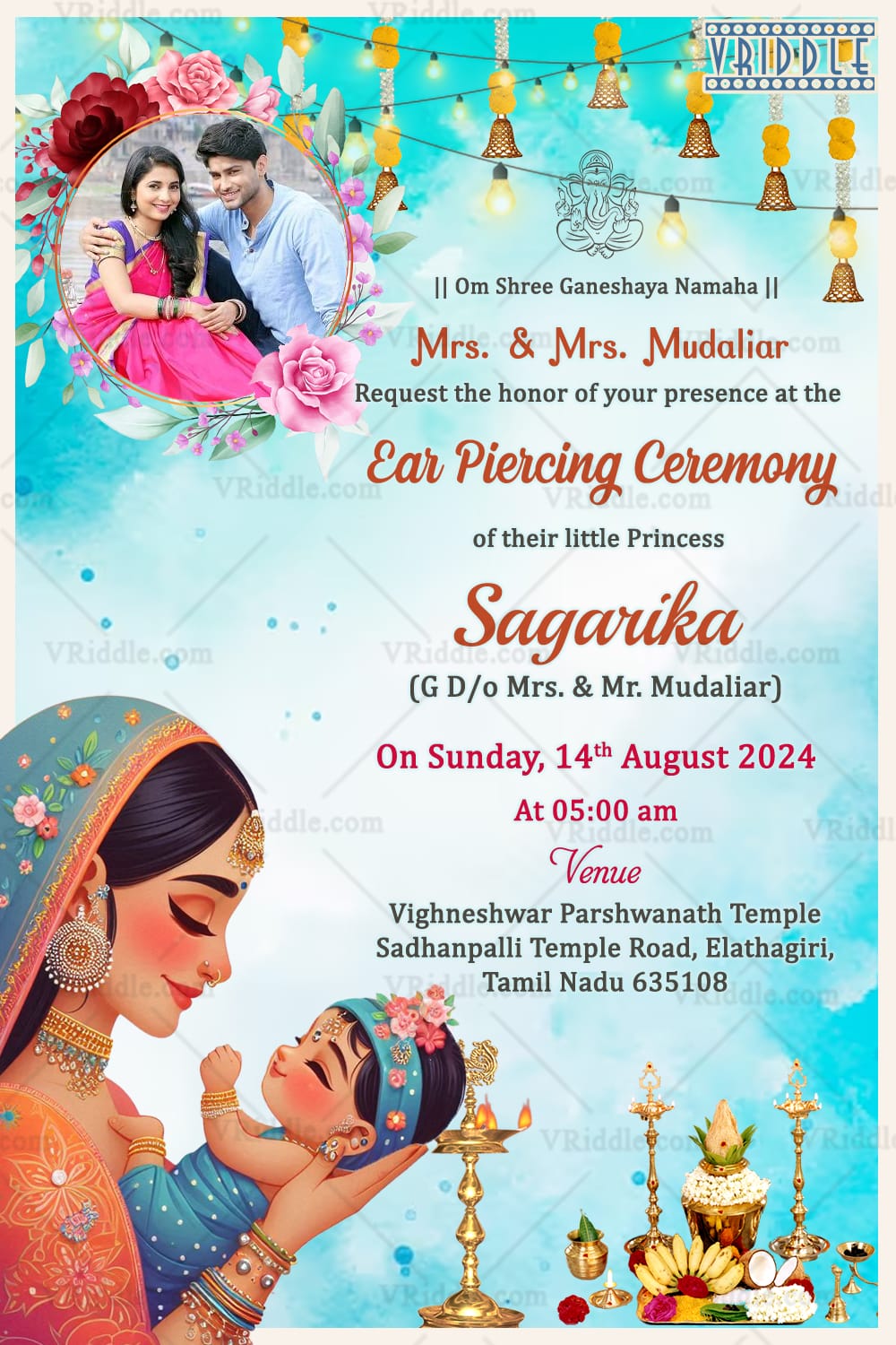Blue Theme Ear Piercing Ceremony Invitation with Floral Decor and Add Photo Background