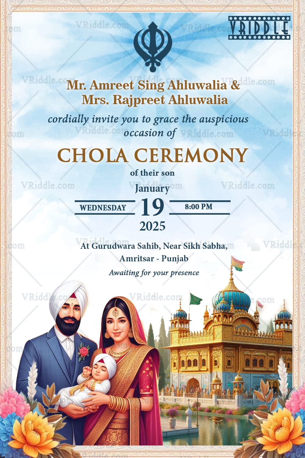 Blue Theme Punjabi Chola Ceremony Invitation with Family Illustration and Golden Domes Architecture Background
