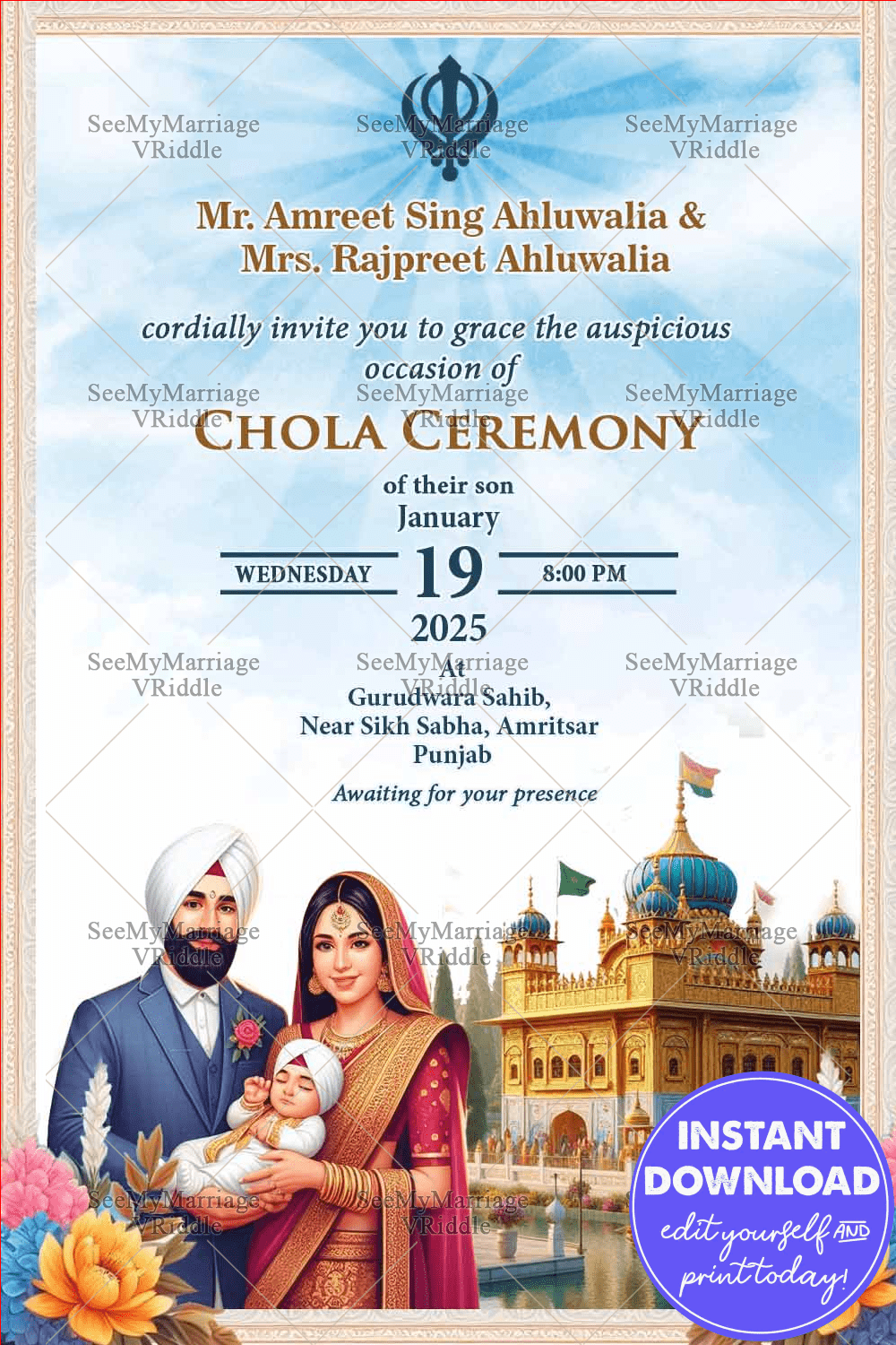 Blue Theme Punjabi Chola Ceremony Invitation with Family Illustration and Golden Domes Architecture Background
