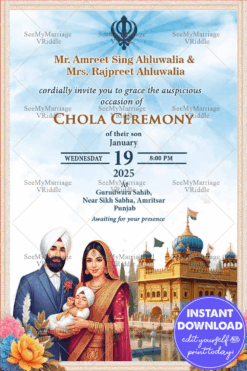 Blue Theme Punjabi Chola Ceremony Invitation with Family Illustration and Golden Domes Architecture Background