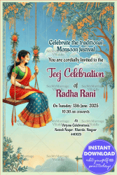 Blue Theme Teej Celebration Invitation Card with Cute Lady on Swing Background