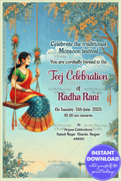 Blue Theme Teej Celebration Invitation Card with Cute Lady on Swing Background