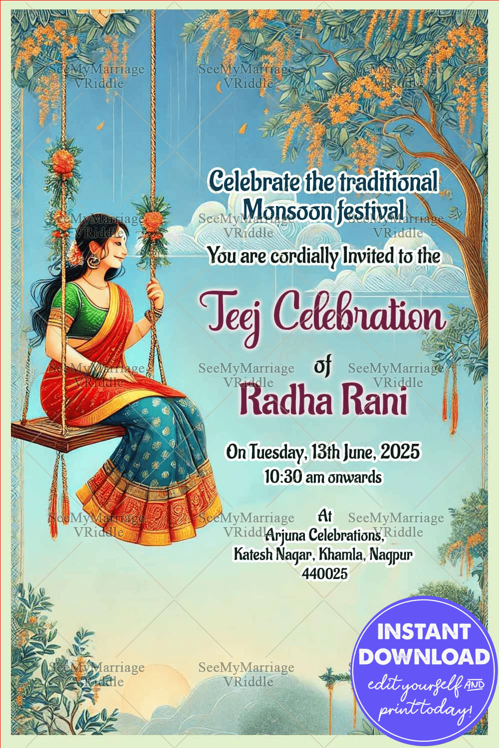 Blue Theme Teej Celebration Invitation Card with Cute Lady on Swing Background