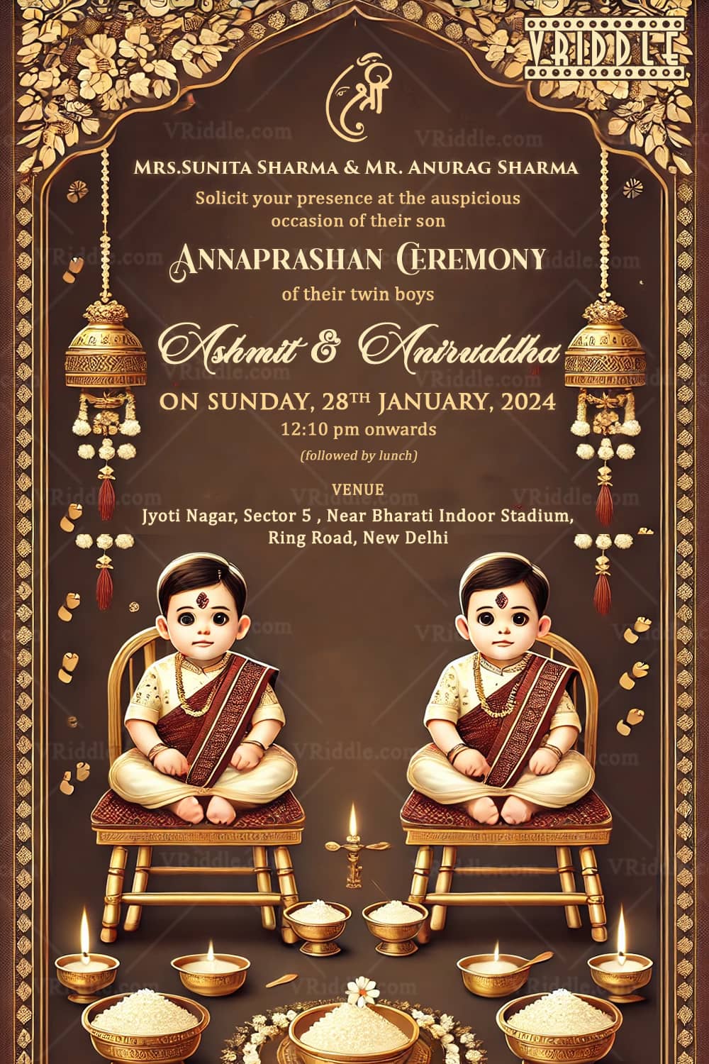 Brown theme Charming Twin Boys Annaprashan Ceremony Invitation