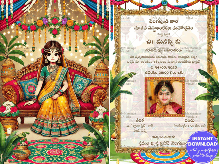 Cartoon Girl Telugu Half Saree Ceremony Invitation Card with Floral Decor and Add Photo Background