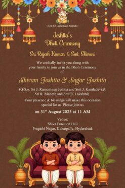 Cartoon Twin Boys Dhoti Ceremony Invitation Video with Floral Lanterns Decor and Brown Theme Background
