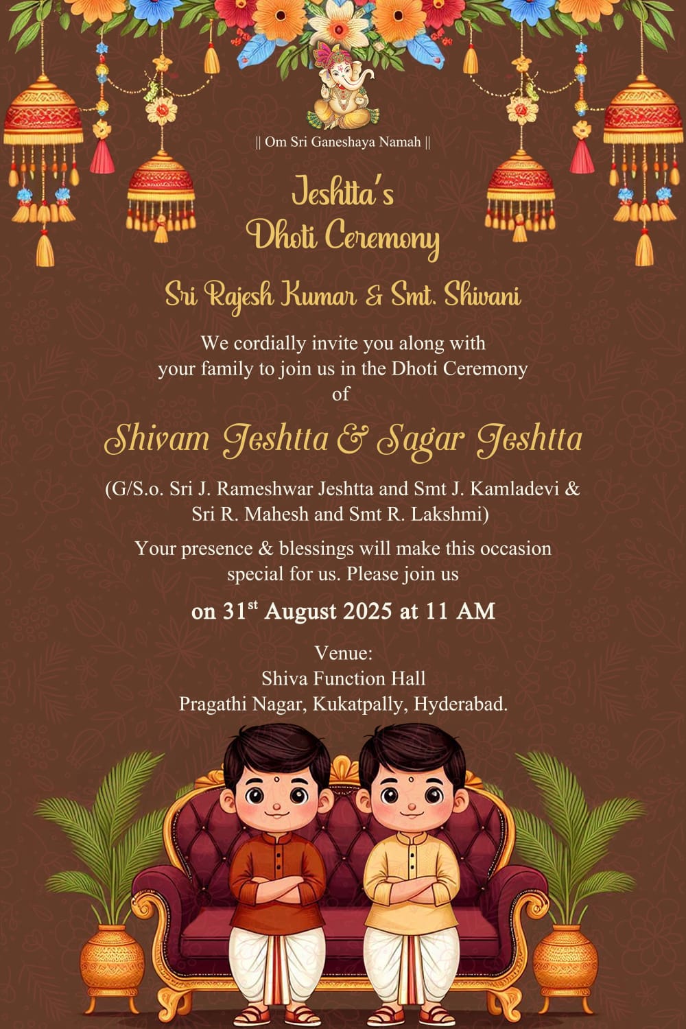 Cartoon Twin Boys Dhoti Ceremony Invitation Video with Floral Lanterns Decor and Brown Theme Background
