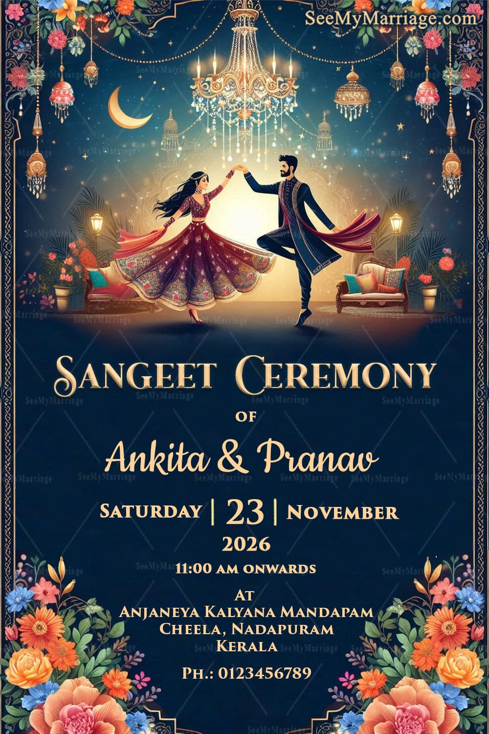 Chandelier Theme Sangeet Ceremony Invitation with Dancing Couple Background