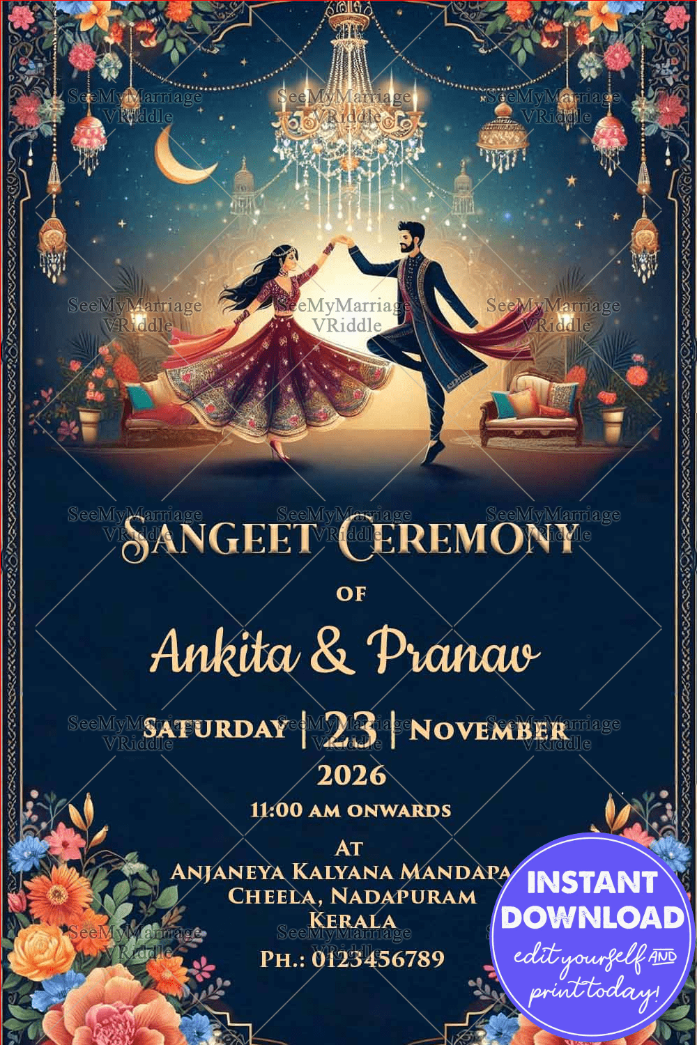 Chandelier Theme Sangeet Ceremony Invitation with Dancing Couple Background