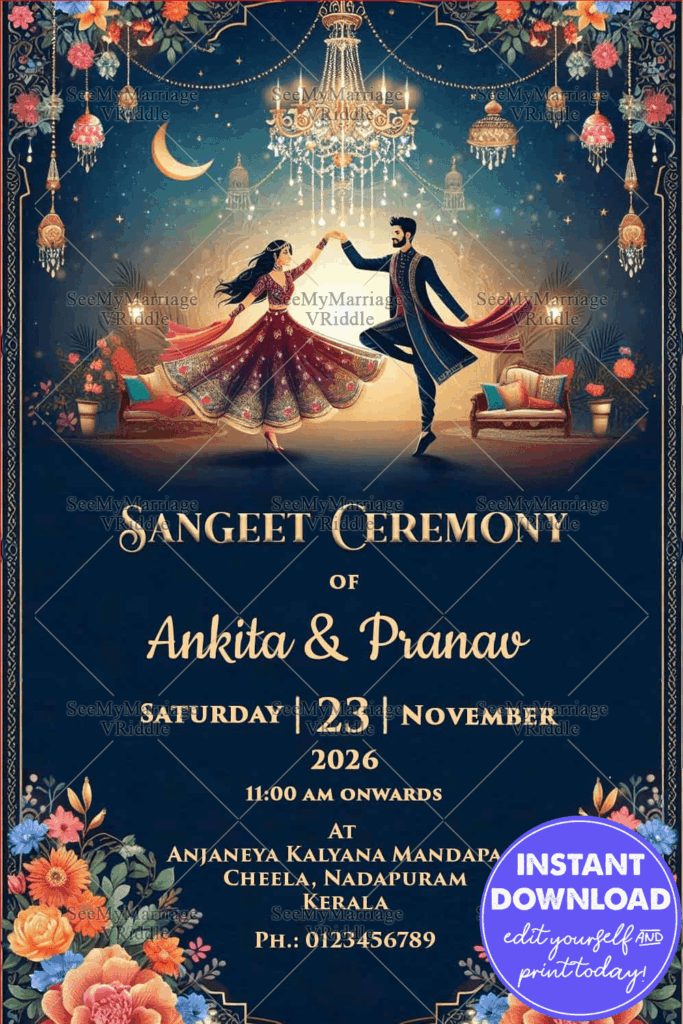 Chandelier Theme Sangeet Ceremony Invitation with Dancing Couple Background