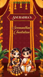 Charming Cartoon Seemantham Invitation Video with Maroon Theme and Gold Design Background